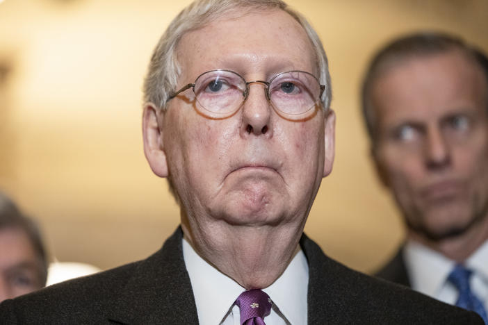 Senate Minority Leader Mitch McConnell (R-KY) speaks to reporters on March 10, 2020. On Wednesday, he was re-elected to lead Senate Republicans.