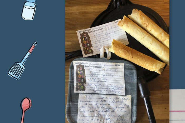 Left: Lisa Hovis and her grandma peel potatoes in preparation for Thanksgiving. Right: Lisa's krumkake sits next to a hot pad with her grandma's krum kage (krumkake) recipe on it.