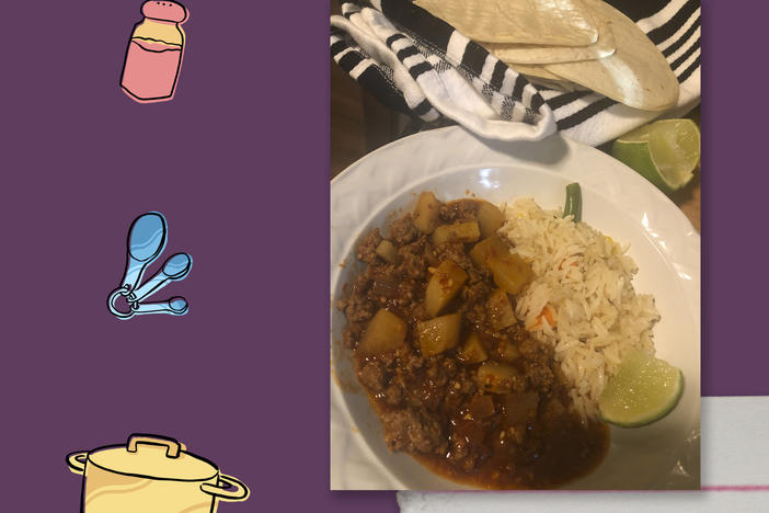 Left: Miriam Armendariz Piccolo with her mother, Genoveva. Right: the finished picadillo.