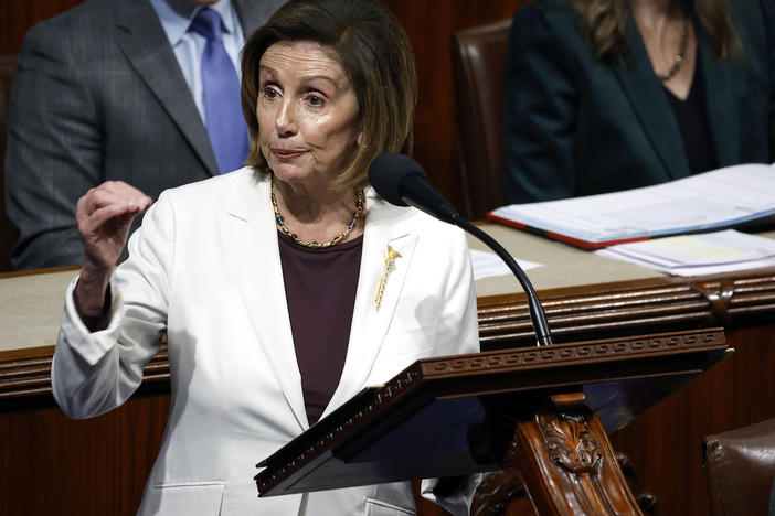 Speaker of the House Nancy Pelosi delivers remarks from the Capitol's House chamber on Nov. 17.