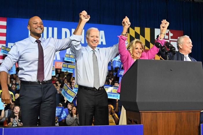 President Biden, campaigning with gubernatorial candidate Wes Moore in Bowie, Maryland, on the eve of the U.S. midterm election.