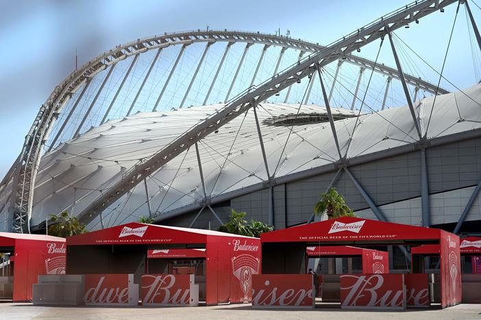 Budweiser beer kiosks are pictured at the Khalifa International Stadium in Doha ahead of the Qatar 2022 World Cup soccer tournament, which starts Sunday. Beer sales will now be banned at the tournament.