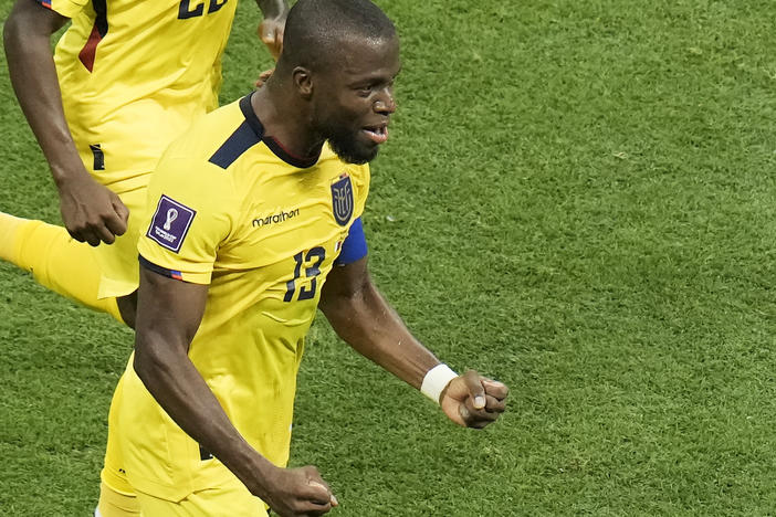 Ecuador's Enner Valencia celebrates after scoring his side's second goal during the match between Qatar and Ecuador in Al Khor, Qatar, on Sunday.
