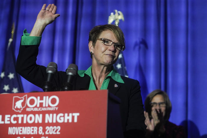 Republican state Supreme Court Justice Sharon Kennedy speaks to supporters at an election watch party at the Renaissance Hotel on Nov. 8, in Columbus, Ohio. Kennedy was reelected to the court, this time as its chief justice.