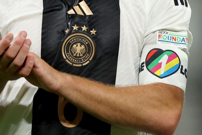The captain's armband, similar to this one, shown during a September game between Germany and Hungary. European national teams have told their captains not to wear it during the 2022 World Cup in Qatar.