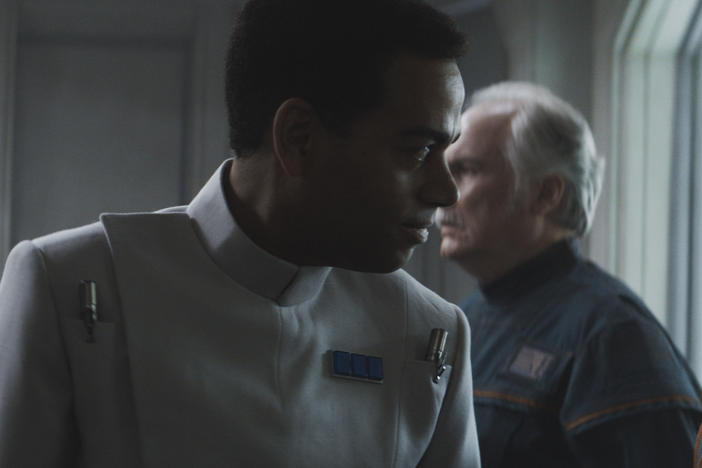 Piping? Hot! (L-R): ISB Supervisor Blevin (Ben Bailey Smith), Chief Inspector Hyne (Rupert Vansittart) and Syril Karn (Kyle Soller) in <em>Andor</em>.