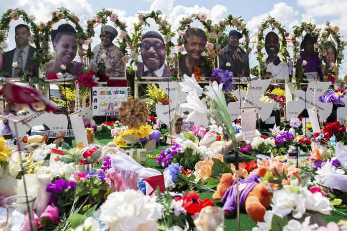 A memorial for the supermarket shooting victims outside the Tops Friendly Market in July.