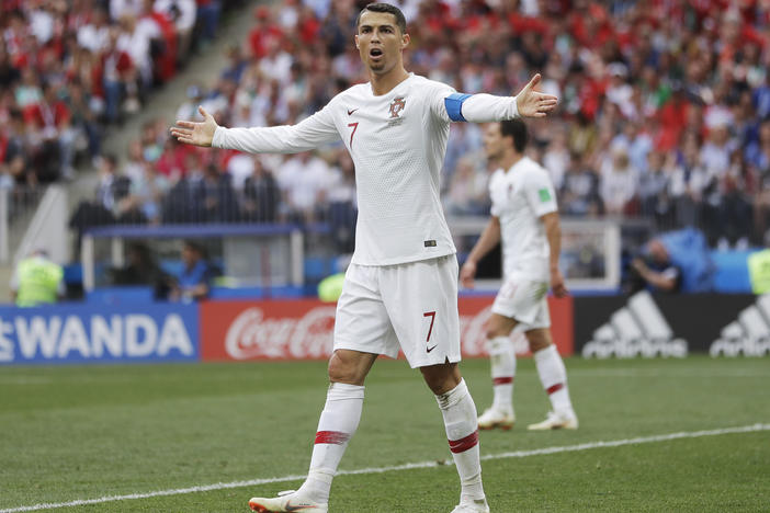 Cristiano Ronaldo, center, is pictured during a match  between Portugal and Morocco at the 2018 World Cup in Moscow in 2018. Ronaldo will leave Manchester United "with immediate effect," the Premier League club said.