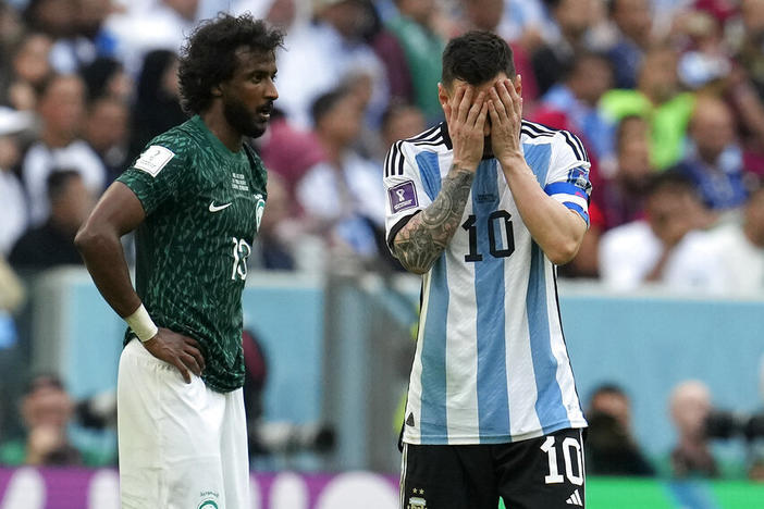 Argentina's Lionel Messi reacts in disappointment Tuesday during the World Cup group C soccer match between Argentina and Saudi Arabia at the Lusail Stadium in Lusail, Qatar.