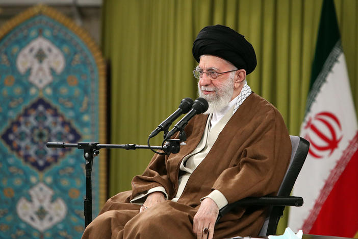 In this picture released by the official website of the office of the Iranian supreme leader, Supreme Leader Ayatollah Ali Khamenei speaks during a meeting with a group of Basij paramilitary force in Tehran, Iran, on Saturday.