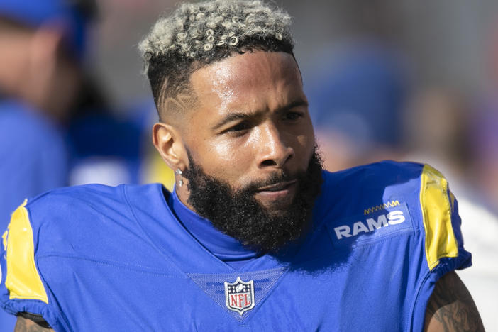 Wide receiver Odell Beckham Jr. is shown walking on the sideline during a NFL divisional playoff football game against the Tampa Bay Buccaneers on Jan. 23, 2022, in Tampa, Fla.