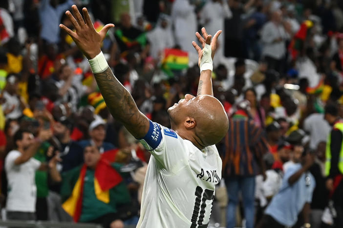 Ghana's André Ayew celebrates after Mohammed Kudus scores the team's third goal in a 2022 World Cup Group H match against South Korea on Monday, Nov. 28, 2022, at the Education City Stadium in Al Rayyan, Qatar.