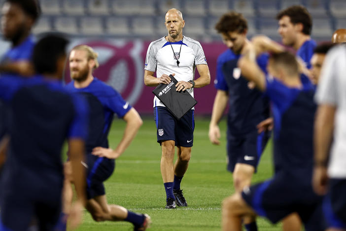 Gregg Berhalter, head coach of United States team, looks on during a training session on Monday in Doha, Qatar. The U.S. faces Iran in a crucial match on Tuesday.