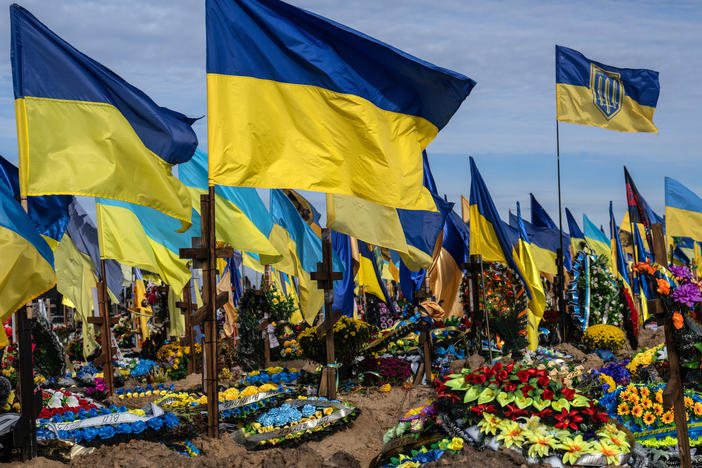 Ukrainian flags fly in Kharkiv, Ukraine, on Oct. 19, marking the graves of soldiers killed in action following the Russian invasion earlier this year.