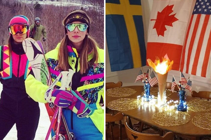 NPR Life Kit listeners share photos from their best theme parties. Left: a vision board for a "Vampire Nights"-themed party; middle: An '80s-themed ski party; right: An Olympics watch party.