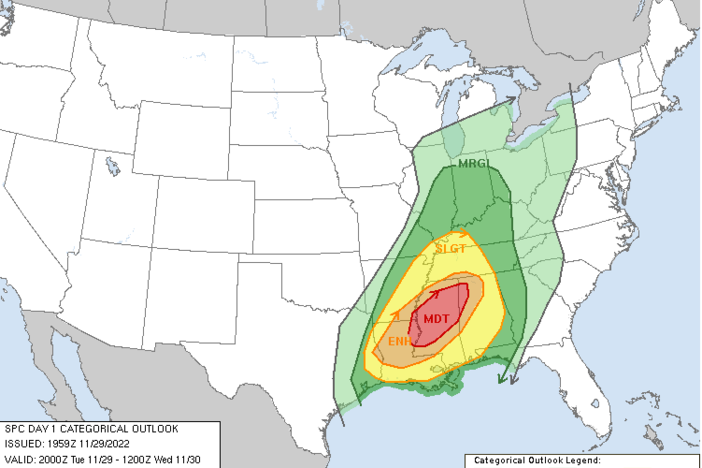 Weather forecasters are warning of severe thunderstorms and tornadoes across parts of the South.
