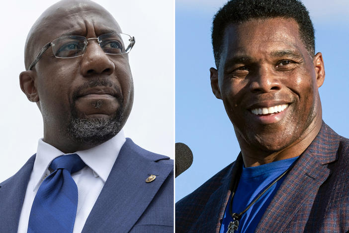 This photo composite shows Democratic Georgia Sen. Raphael Warnock, left, and his Republican challenger, Herschel Walker. The two are competing in a U.S. Senate runoff, which concludes Tuesday.