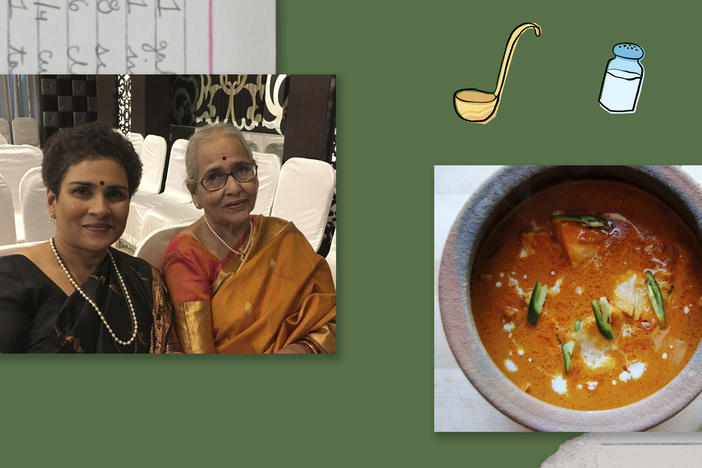 Left: Sujata Halarnkar and her mother, Sulochana Shridhankar. Right: Fish curry.