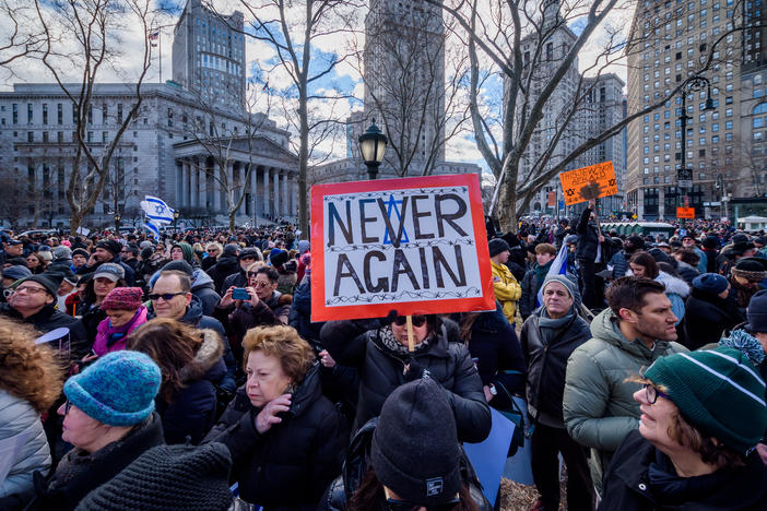 A participant holding a sign at a 2020 solidarity march in unity against the rise of antisemitism. The Anti-Defamation League reported that antisemitic incidents reached an all-time high in 2021.
