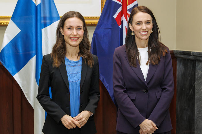 Sanna Marin, prime minister of Finland, left, and New Zealand Prime Minster Jacinda Ardern pose at Government House in Auckland, New Zealand. Marin is in New Zealand for a three-day visit, which sparked international interest after a reporters asked questions about the leaders' ages and gender.