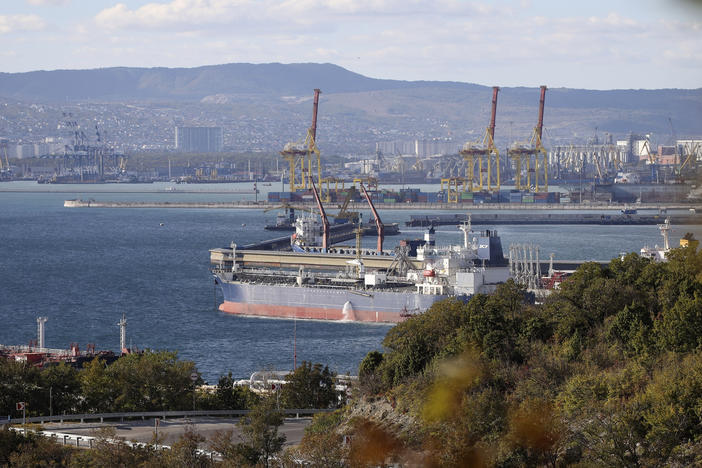 An oil tanker is moored at the Sheskharis complex, part of Chernomortransneft JSC, a subsidiary of Transneft PJSC, in Novorossiysk, Russia, Oct. 11, one of the largest facilities for oil and petroleum products in southern Russia. The deadline is looming for Western allies to agree on a price cap on Russia oil.