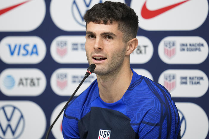 Christian Pulisic of the United States attends a news conference before a training session at Al-Gharafa SC Stadium, in Doha, Thursday, Dec. 1, 2022.