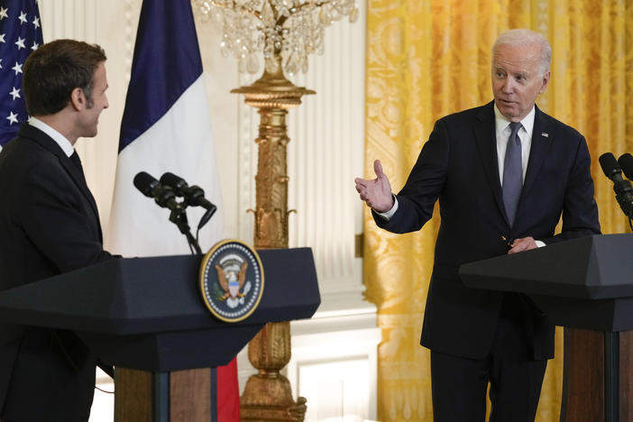 President Joe Biden speaks during a news conference with French President Emmanuel Macron in the East Room of the White House on Thursday.