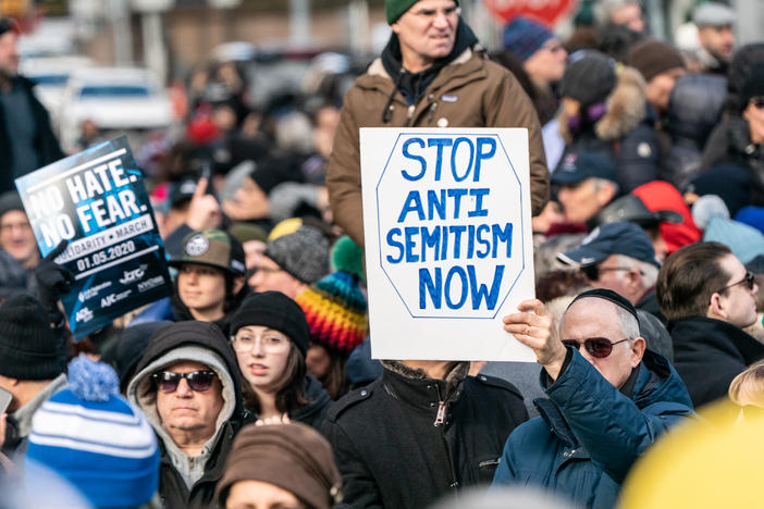 Protesters at a Jewish solidarity march in New York City on January 5, 2020. The Anti-Defamation League reports that antisemitic incidents, including violence, have been rising for the past five years.