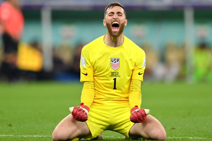 Matt Turner of the United States celebrates the winning goal by Christian Pulisic against Iran at the World Cup on Tuesday.