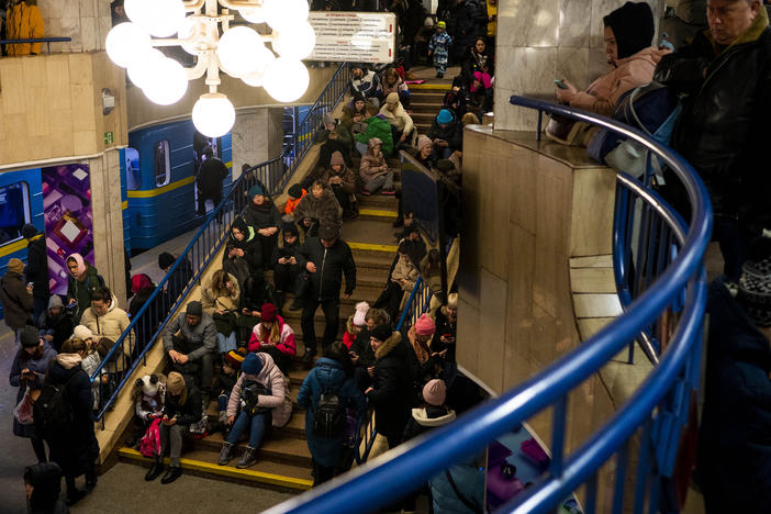 Civilians take shelter in Akademmistechko Metro during an air alert on Monday in Kyiv, Ukraine. Russia renewed its missile attacks across Ukraine on Monday.