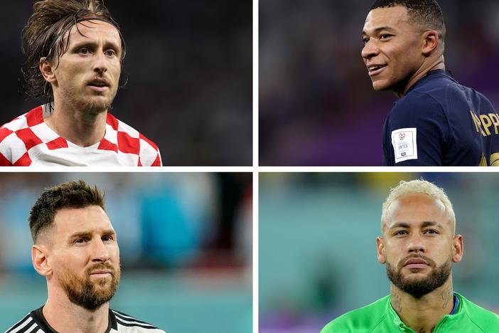 <strong>Top left:</strong> Luka Modrić of Croatia in action on Dec. 5 in Al Wakrah, Qatar. <strong>Bottom left: </strong>Lionel Messi of Argentina at Ahmad Bin Ali Stadium on Dec. 3 in Doha, Qatar. <strong>Top right: </strong>Kylian Mbappé<strong> </strong>of France celebrates after scoring a goal on Dec. 4 in Doha, Qatar. <strong>Bottom right: </strong>Neymar of Brazil on Dec. 5 in Doha, Qatar.
