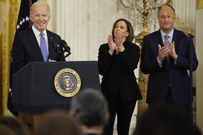 President Biden delivers remarks during a reception to celebrate Rosh Hashanah, the Jewish New Year, with Vice President Kamala Harris and second gentleman Doug Emhoff at the White House on Sept. 30.