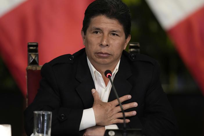 Peruvian President Pedro Castillo gives a news conference at the presidential palace in Lima on Oct. 11.