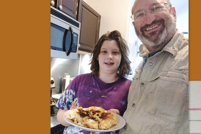 Left: A family photo of Alan Mishell's grandparents, Florence and Sam Mishell. Right: Alan and his son, Sander, holding bubaleh they prepared together.