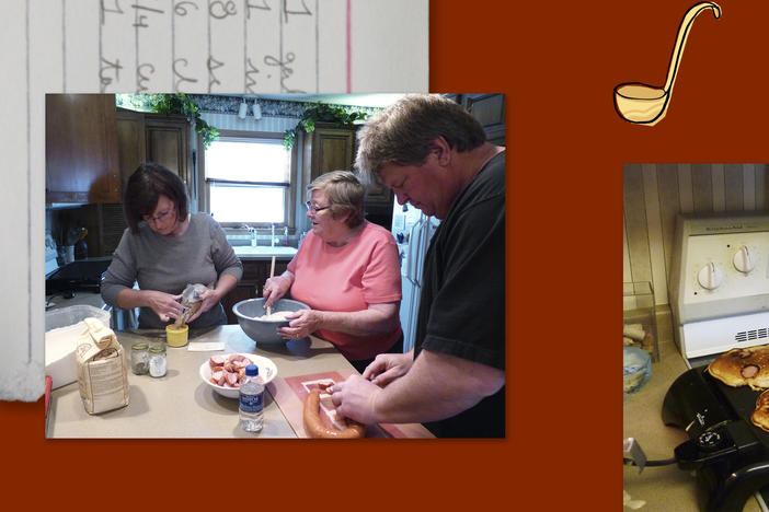 Left: Erin Rhode's mother, Kathy Rhode (left); Erin's maternal grandmother, Velma Freisleben Thein; and Erin's uncle, Bob Freisleben. Right: Bob Freisleben prepares specken dicken.