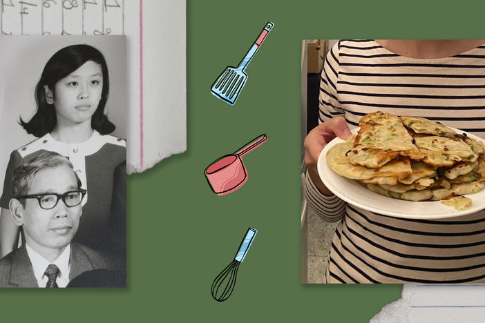 Left: A family photo of Lily Liu and her father, Tai. Right: A plate full of scallion pancakes held by Lily's niece.