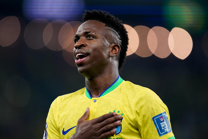 Player of Brazil Vinícius Júnior celebrates after scoring a disallowed goal during the FIFA World Cup Qatar 2022 group G soccer match between Brazil and Switzerland at Stadium 974 on Nov. 28, in Doha.