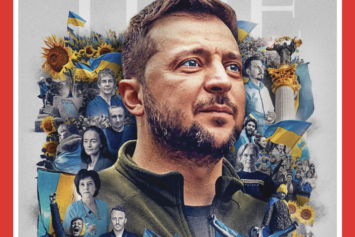 <em>Time</em> magazine's cover shows Ukrainian President Volodymyr Zelenskyy, surrounded by other individuals and crowds of protesters woven together with bright yellow sunflowers and blue and yellow Ukrainian flags.