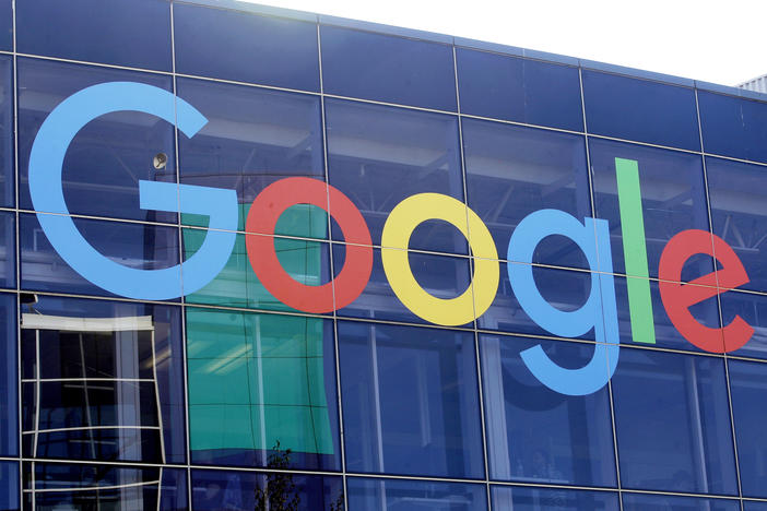 In this Sept. 24, 2019, file photo a sign is shown on a Google building at their campus in Mountain View, Calif.