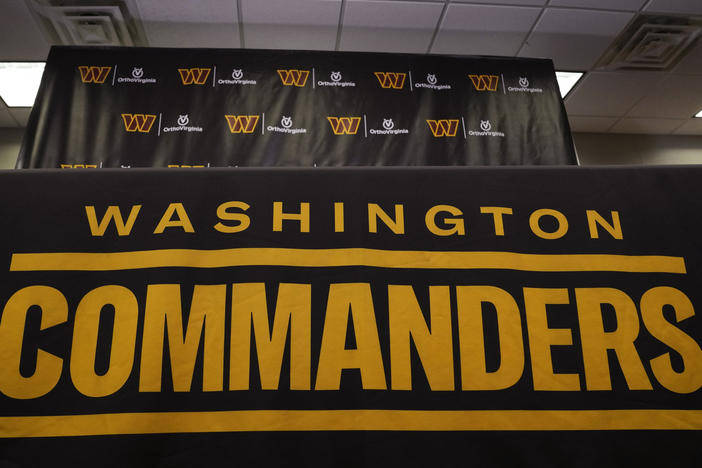 The Washington Commanders football team's name and logo is seen at the NFL football team's facility in Ashburn, Va., on Nov. 10. A report Thursday by the U.S. House Committee on Oversight and Reform said the team created a "toxic work culture" for more than two decades, "ignoring and downplaying sexual misconduct" by men at the top levels of the organization.