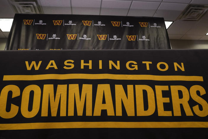 The Washington Commanders football team's name and logo is seen at the NFL football team's facility in Ashburn, Va., on Nov. 10. A report Thursday by the U.S. House Committee on Oversight and Reform said the team created a "toxic work culture" for more than two decades, "ignoring and downplaying sexual misconduct" by men at the top levels of the organization.