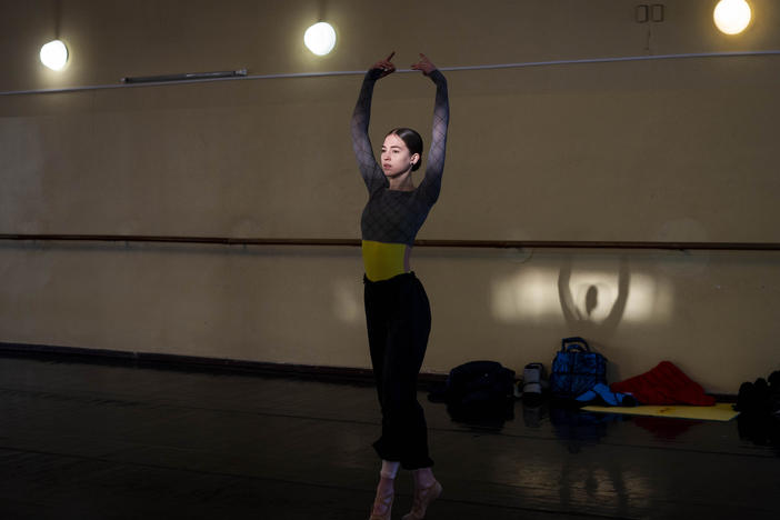 Anna Dobrova, 19, rehearses for a production of <em>The Snow Queen</em> by the Kyiv National Ballet at the National Opera in Kyiv on Sunday. The medley will be performed without music by Pyotr Tchaikovsky and Sergei Prokofiev this year.