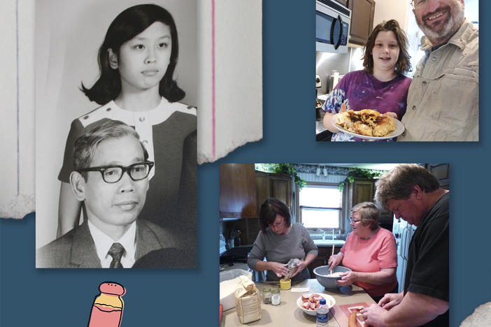 Clockwise from left: Lily Liu with her father; Alan Mishell with his son; kljukusa on a plate; and Erin Rhode's family preparing specken dicken.