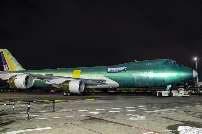 A last Boeing 747, a cargo freighter destined for Atlas Air, is seen during an event at the company's facility in Everett, Wash., on Tuesday.
