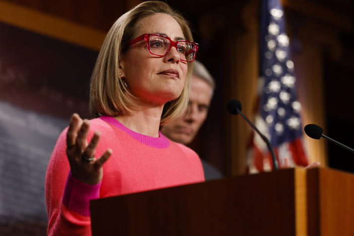 Sen. Kyrsten Sinema of Arizona speaks at the U.S. Capitol after the Senate passed the Respect for Marriage Act in November. Sinema announced Friday she would register as an independent rather than a Democrat.