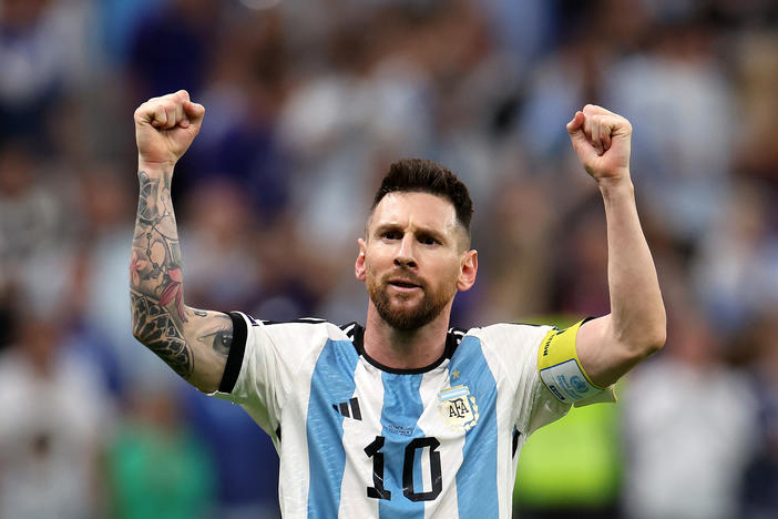Lionel Messi of Argentina celebrates after scoring the team's second goal during the 2022 World Cup quarterfinal match against the Netherlands on December 09, 2022.