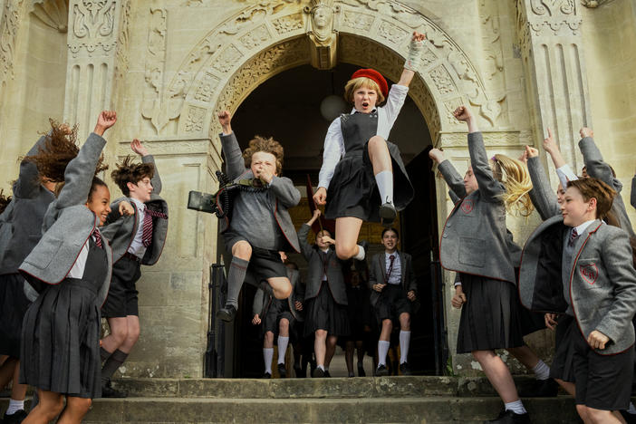 Charlie Hodson-Prior as Bruce Bogtrotter and Meesha Garbett as Hortensia in <em>Roald Dahl's Matilda the Musical.</em>