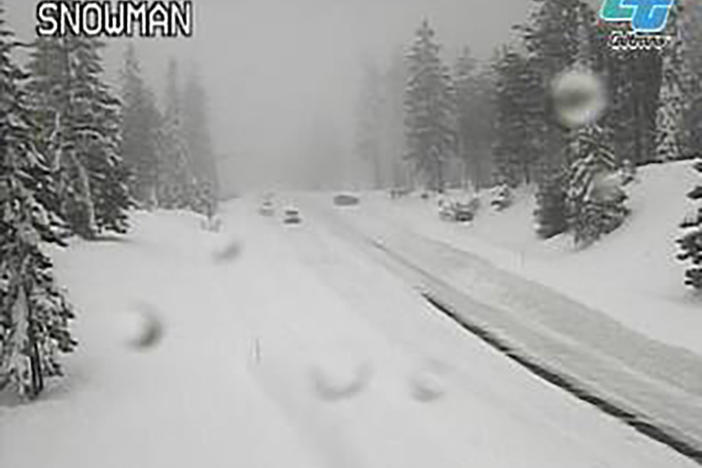 This image from a Caltrans traffic camera shows snow conditions on California SR-89 Snowman in Shasta-Trinity National Forest, Calif., Saturday, Dec. 10, 2022. A stretch of California Highway 89 was closed due to heavy snow between Tahoe City and South Lake Tahoe, Cali., the highway patrol said.