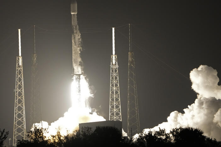 A SpaceX Falcon 9 rocket, with a payload including two lunar rovers from Japan and the United Arab Emirates, lifts off from Launch Complex 40 at the Cape Canaveral Space Force Station in Cape Canaveral, Fla., Sunday, Dec. 11, 2022.
