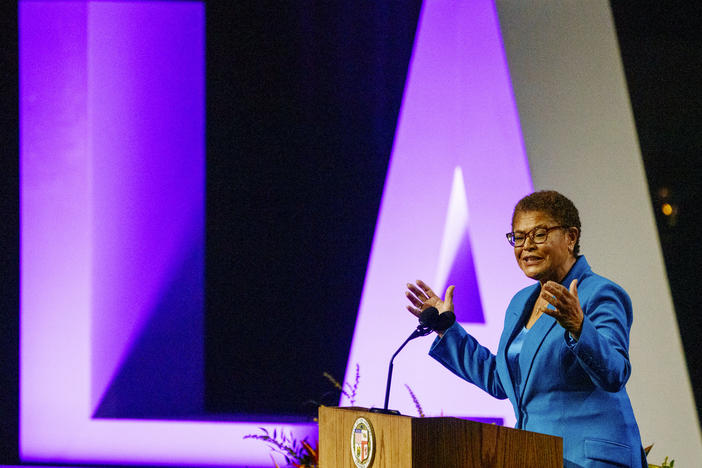 New Los Angeles Mayor Karen Bass speaks during her inaugural address on Sunday.